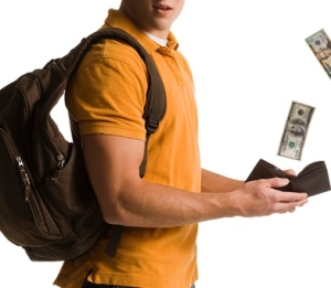 Man carrying bag and wallet full of money